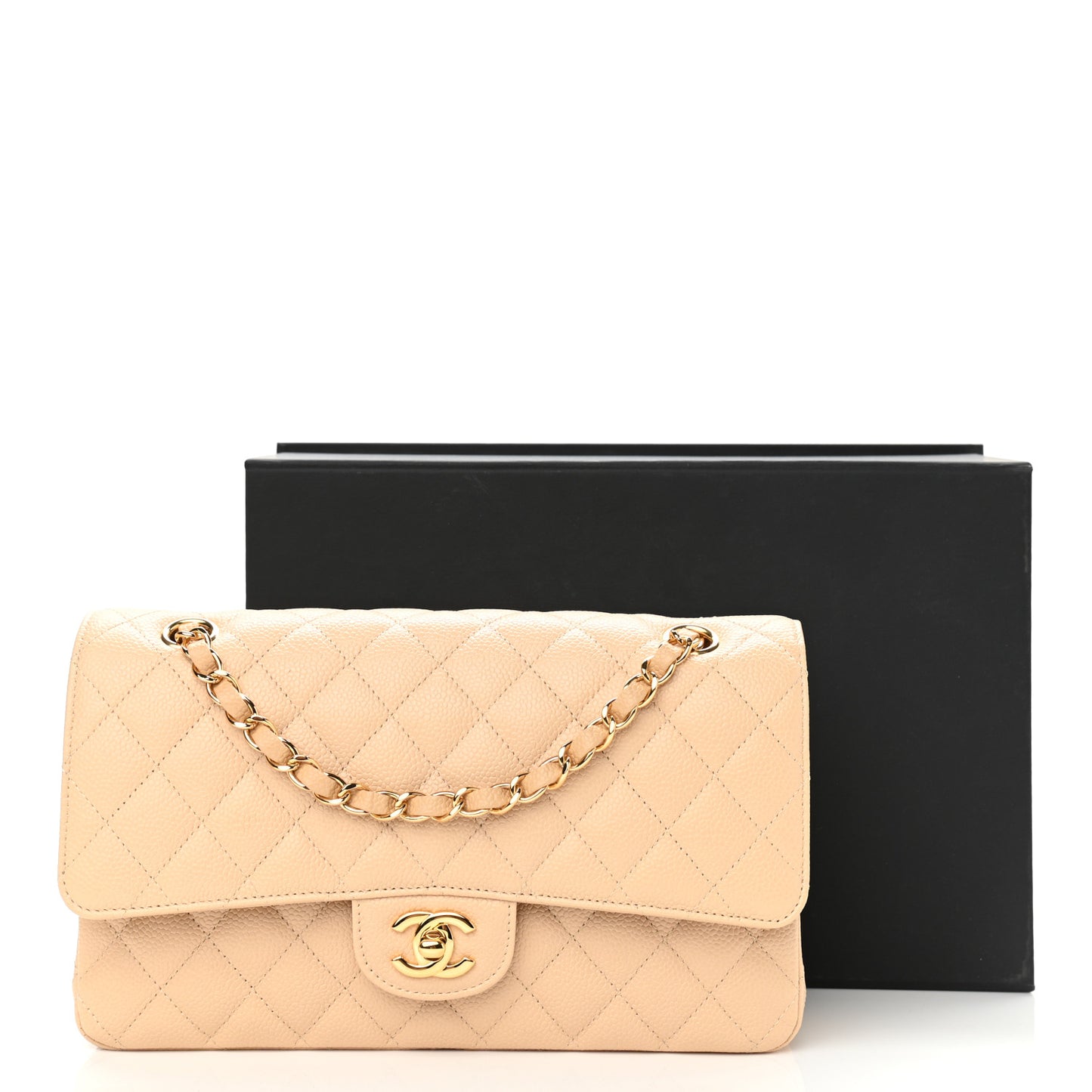 Caviar Quilted Medium Double Flap Light Beige