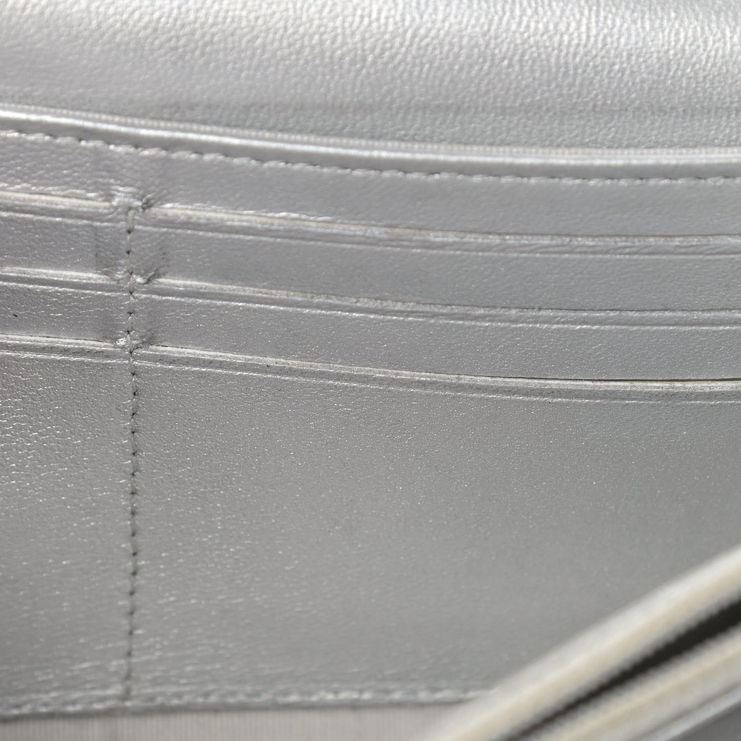 Metallic Lambskin Quilted Long Flap Wallet Silver