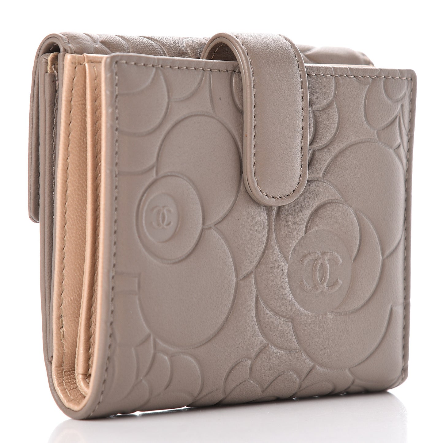 Lambskin Camellia Embossed French Wallet Beige