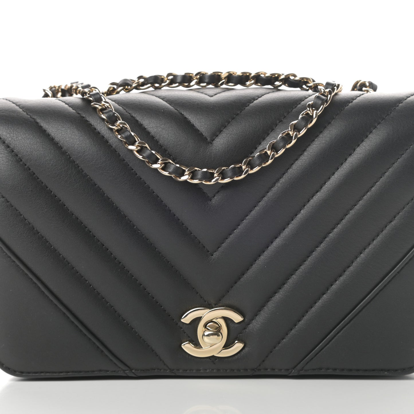 Calfskin Chevron Quilted Mini Statement Flap Black