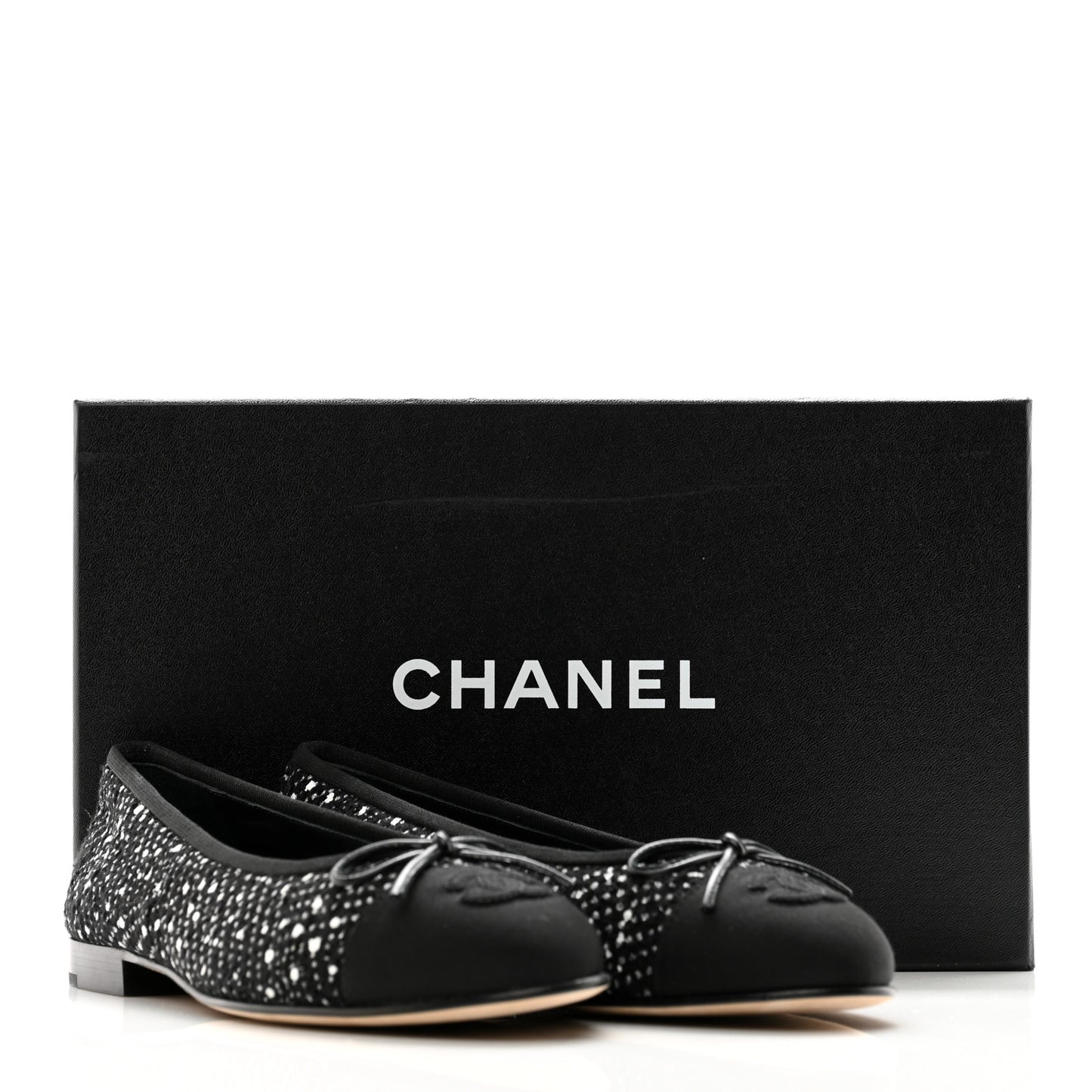 Cotton Tweed Grosgrain Cap Toe Ballerina Flats 37.5 Black Silver White
