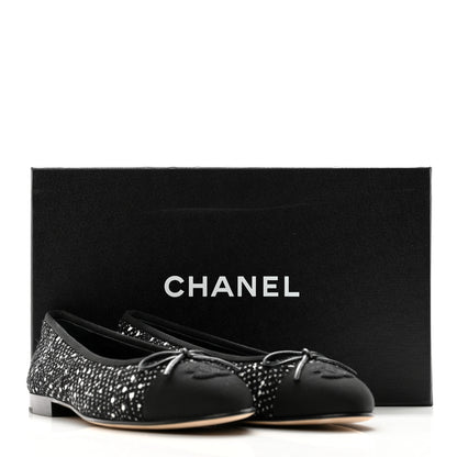 Chanel Cotton Tweed Grosgrain Cap Toe Ballerina Flats 37.5 Black Silver White 9 of 9