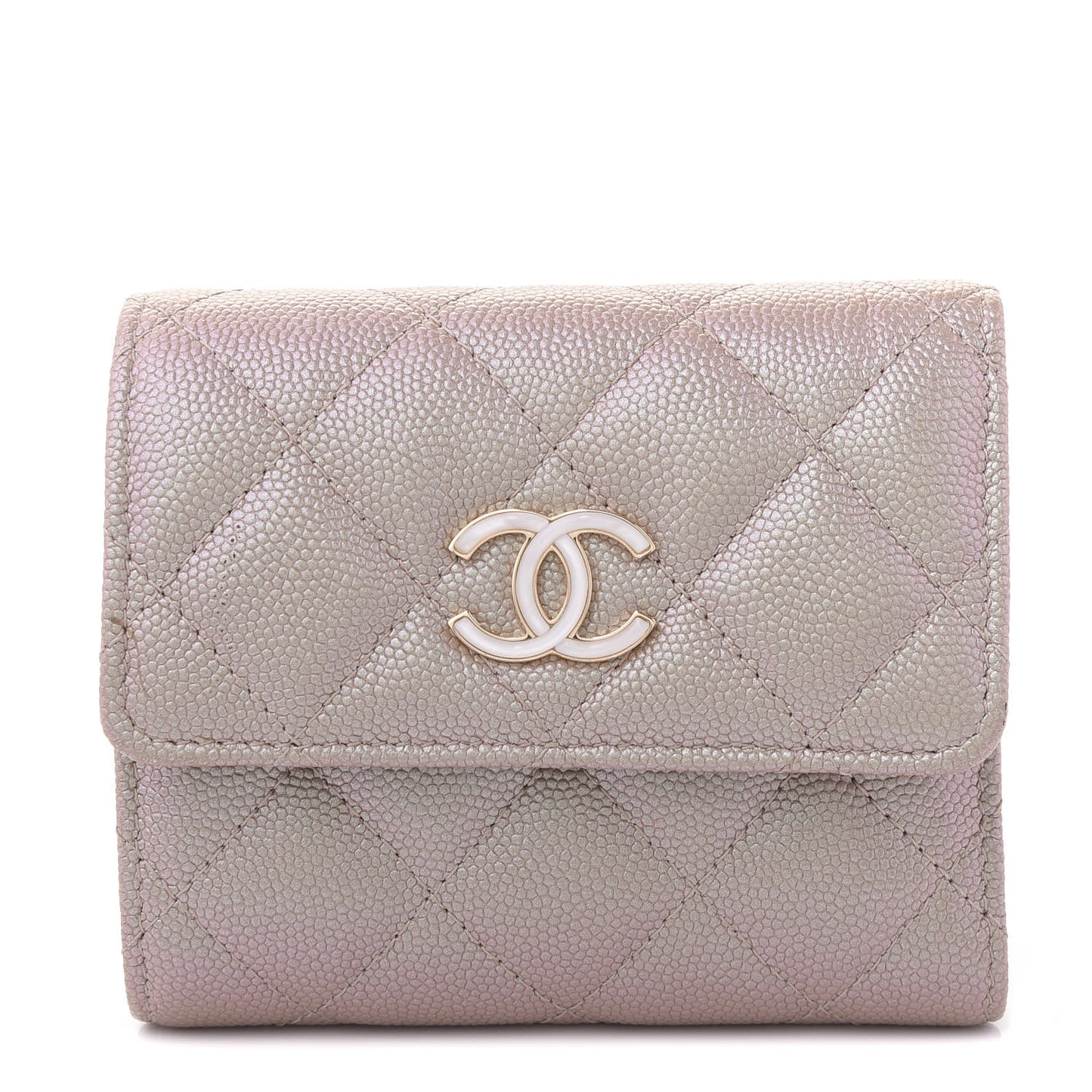 Iridescent Caviar Quilted Small Flap Wallet Beige