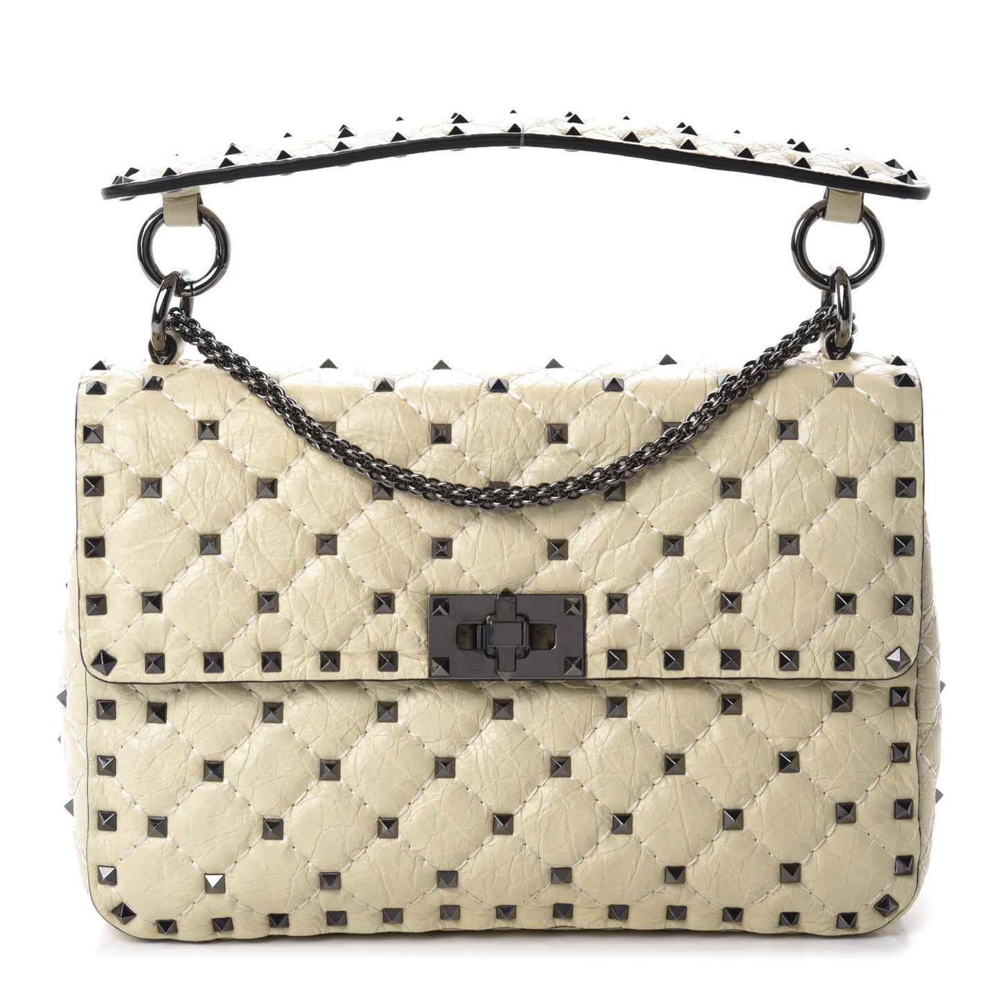 Craquele Nappa Medium Rockstud Spike Shoulder Bag Light Ivory