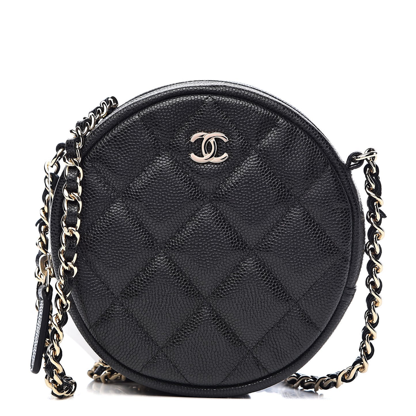 Caviar Quilted Round Clutch With Chain Black