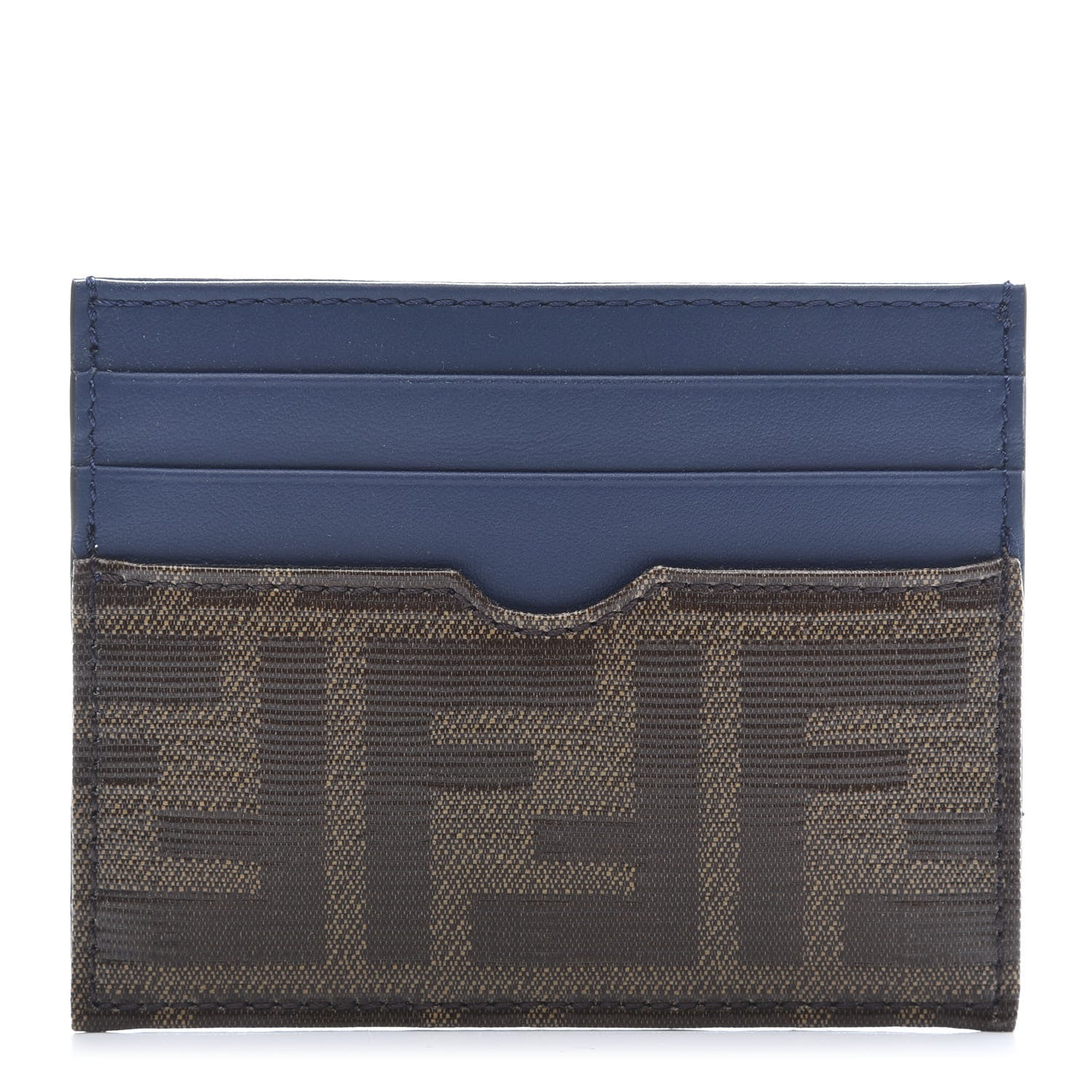 Fendi Vitello Century Glazed Fabric FF 1974 Card Holder Blu Scuro Mogano Panna 1 of 10