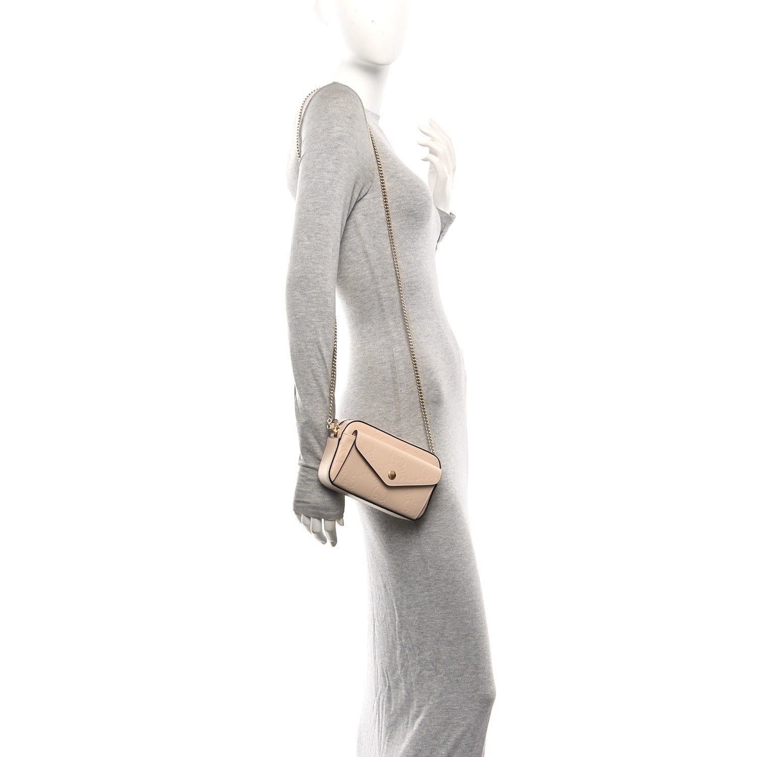 Gucci Calfskin GG Super Mini Debossed Chain Wallet Light Beige 2 of 10