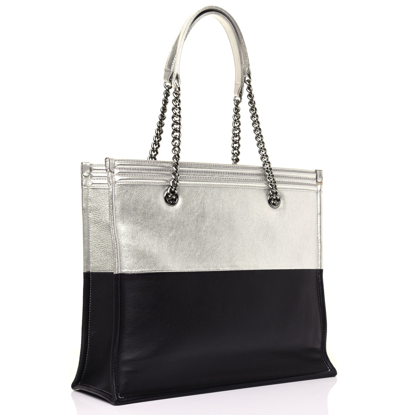 Metallic Goatskin Calfskin Bi-Color Large Boy Tote Black Silver