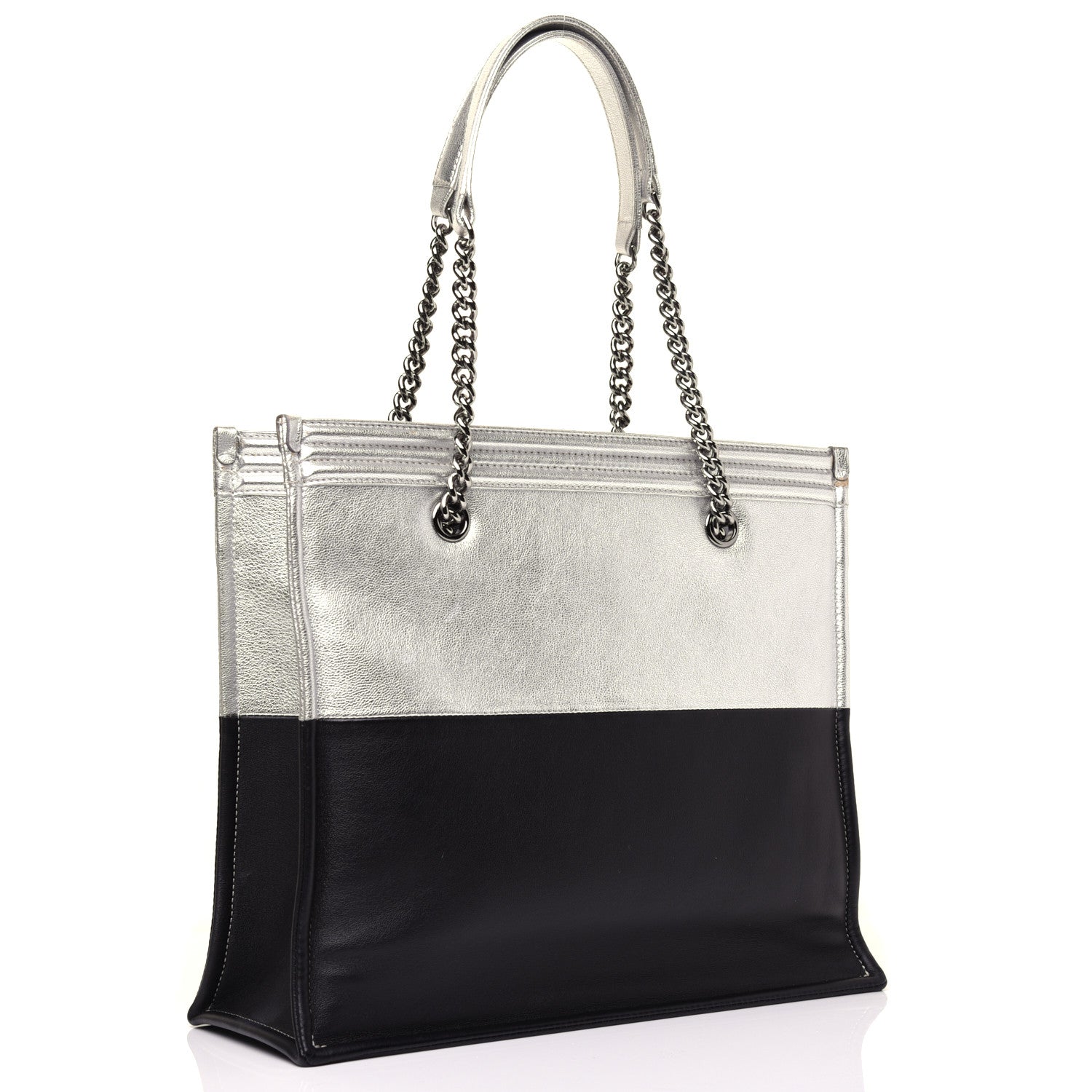 Chanel Metallic Goatskin Calfskin Bi-Color Large Boy Tote Black Silver 3 of 16