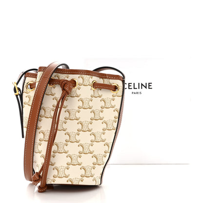Celine Triomphe Canvas Calfskin Micro Drawstring Bucket Bag White Tan 11 of 11