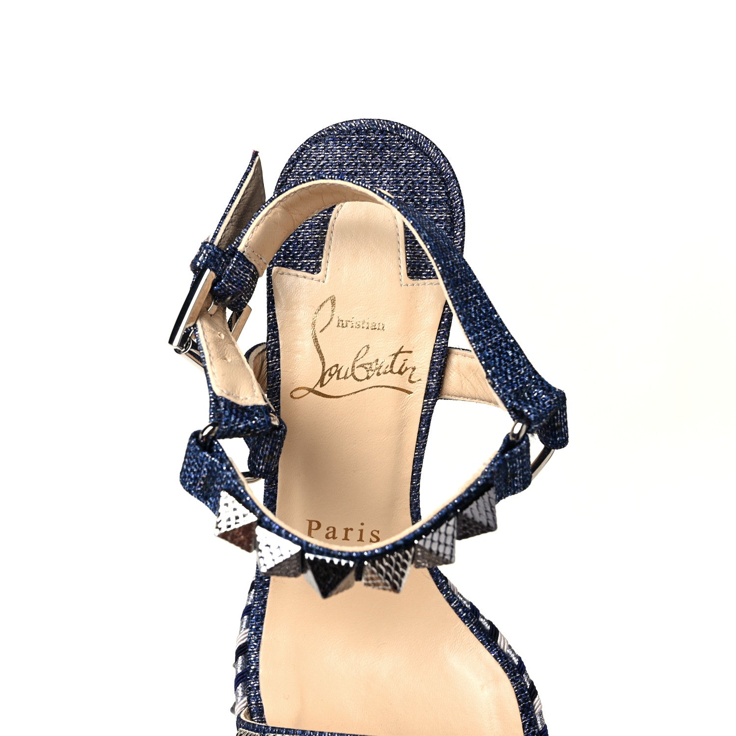 Christian Louboutin Lame Lux Pyraclou 110 Wedge Sandals 36 Denim 7 of 7