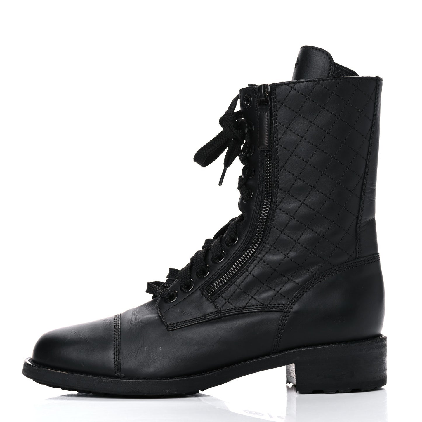 Calfskin Quilted Lace Up Combat Boots 40.5 Black