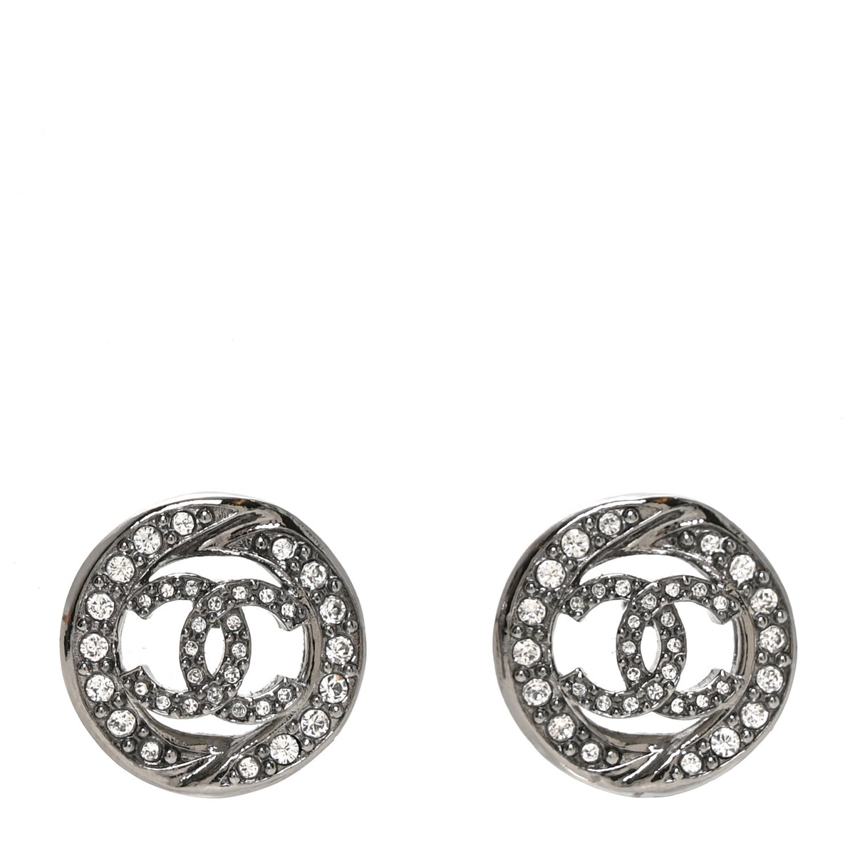 Chanel Metal Crystal CC Logo Round Earrings Silver 1 of 10