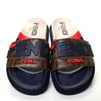 Fendi X FILA Glazed Fabric Calfskin FF 1974 Mania Slide Sandals 38 Mogano Panna Blueberry Caipiroska 5 of 18
