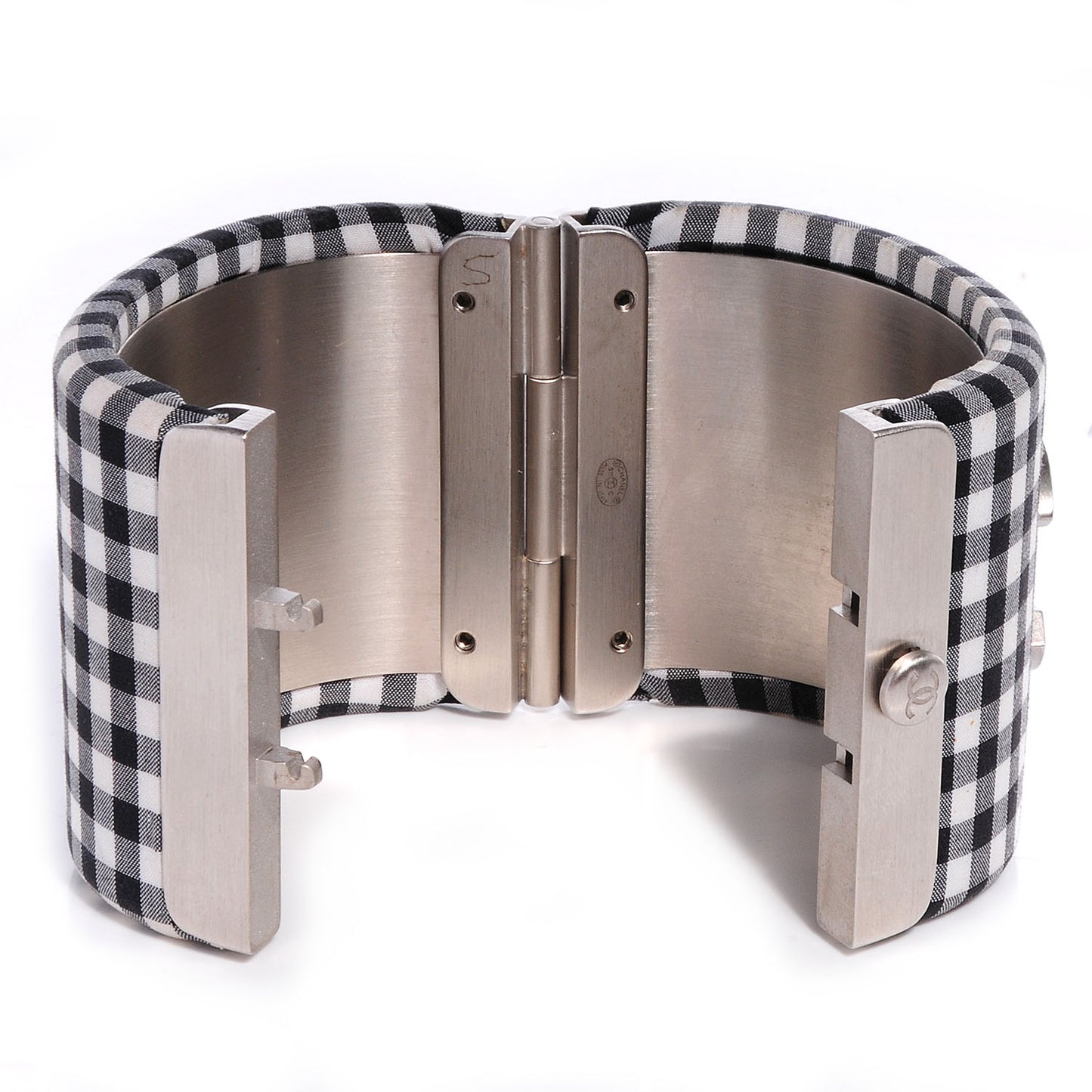 Fabric Metal Enamel Gingham CC Cuff Black White