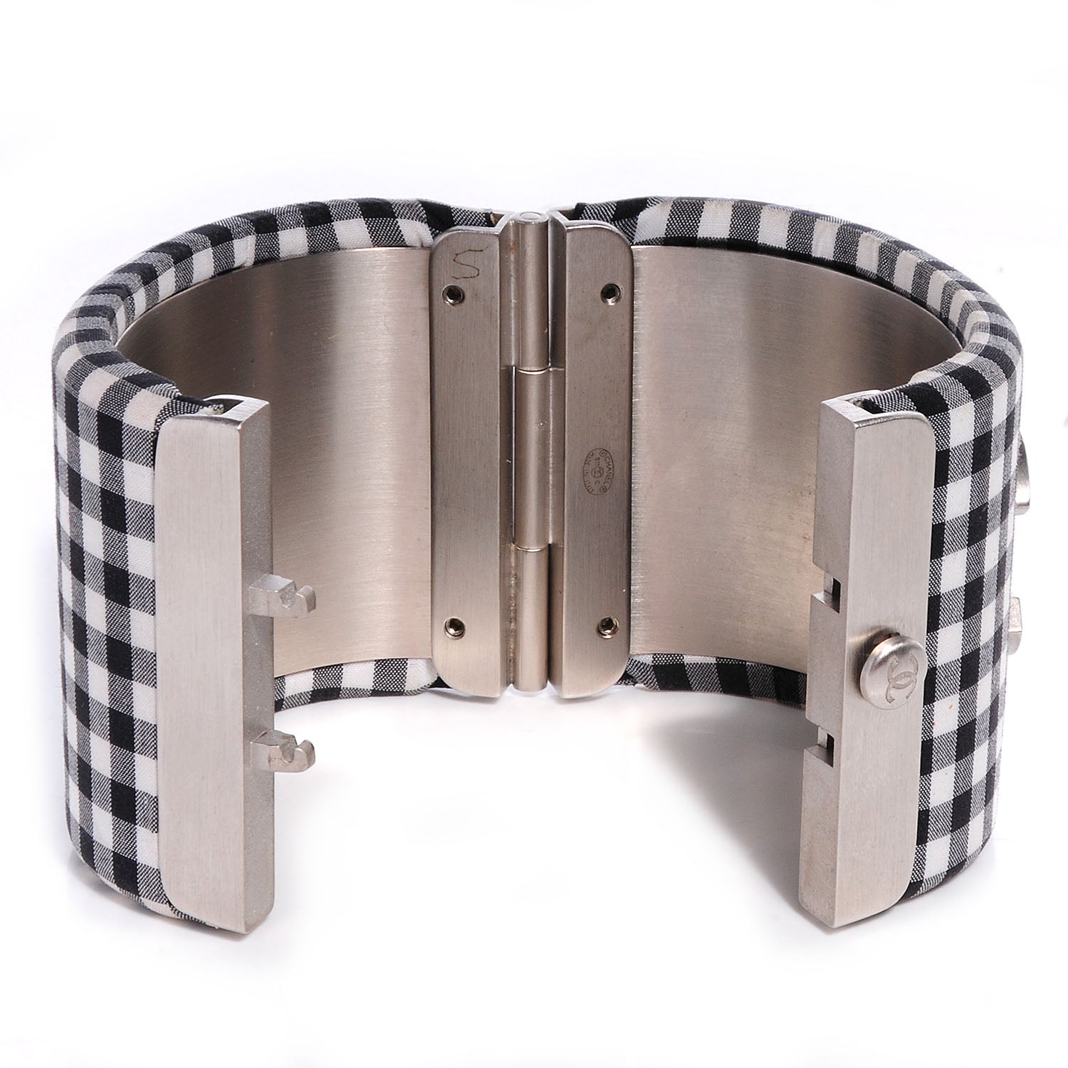 Chanel Fabric Metal Enamel Gingham CC Cuff Black White 4 of 5