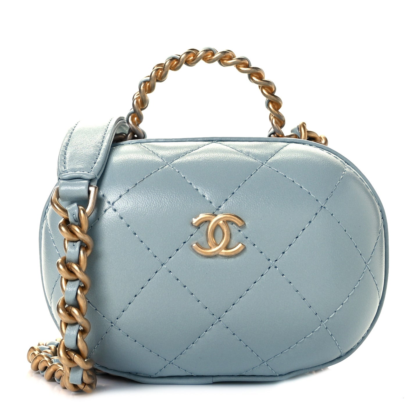 Lambskin Quilted CC Bubble Vanity Case With Chain Light Blue