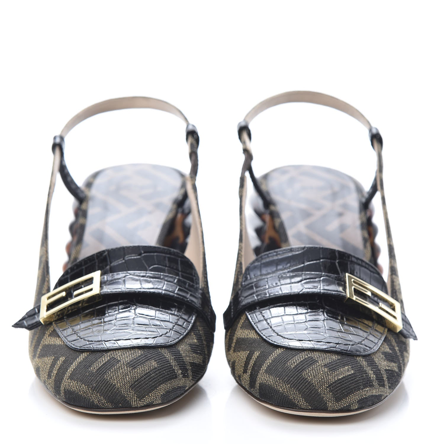 Fendi Jacquard Calfskin FF Tortoise Promenade Slingback Loafer Pumps 38.5 Tobacco 2 of 9