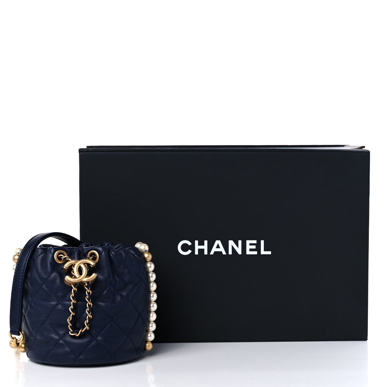 Chanel Calfskin Quilted Pearl Mini About Pearls Drawstring Bucket Bag Navy 10 of 10