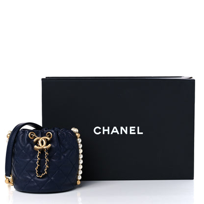 Chanel Calfskin Quilted Pearl Mini About Pearls Drawstring Bucket Bag Navy 10 of 10