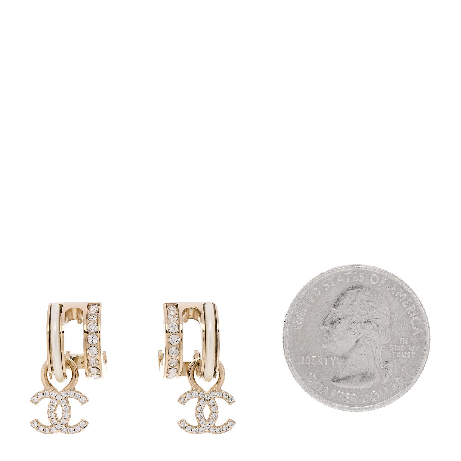 Chanel Crystal CC Hoop Drop Earrings Gold Pearly White 2 of 4
