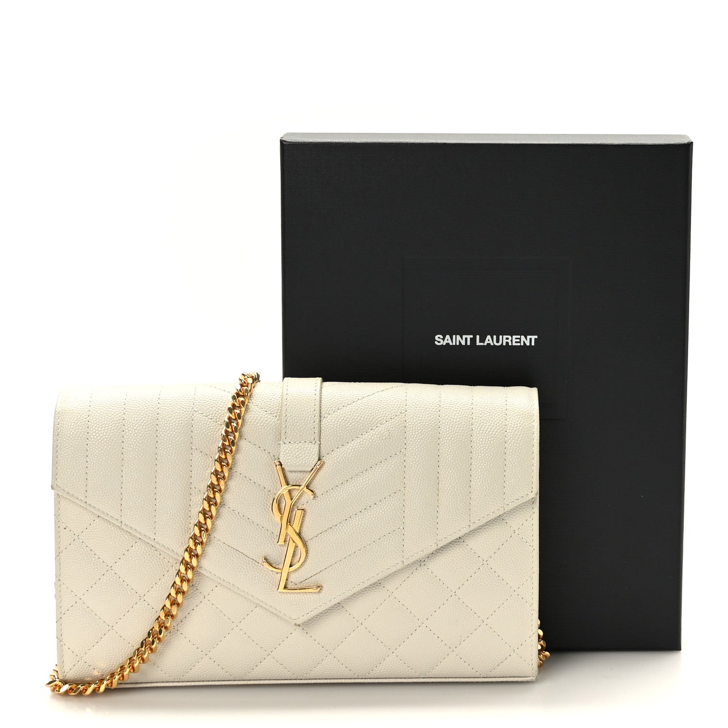 Saint Laurent Grain De Poudre Mixed Matelasse Triquilt Monogram Chain Wallet Blanc Vintage 9 of 9