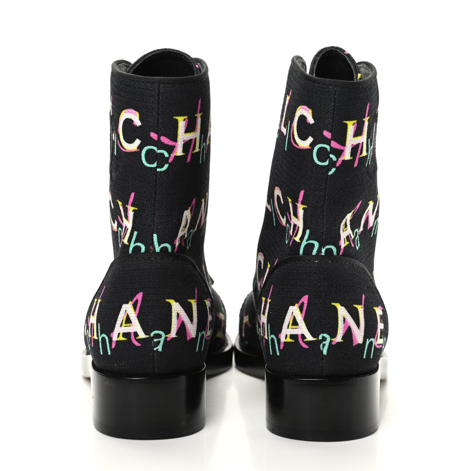 Chanel Tweed Lace Up Short Boots 37 Black Ecru Green Red 7 of 11