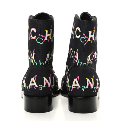 Chanel Tweed Lace Up Short Boots 37 Black Ecru Green Red 7 of 11