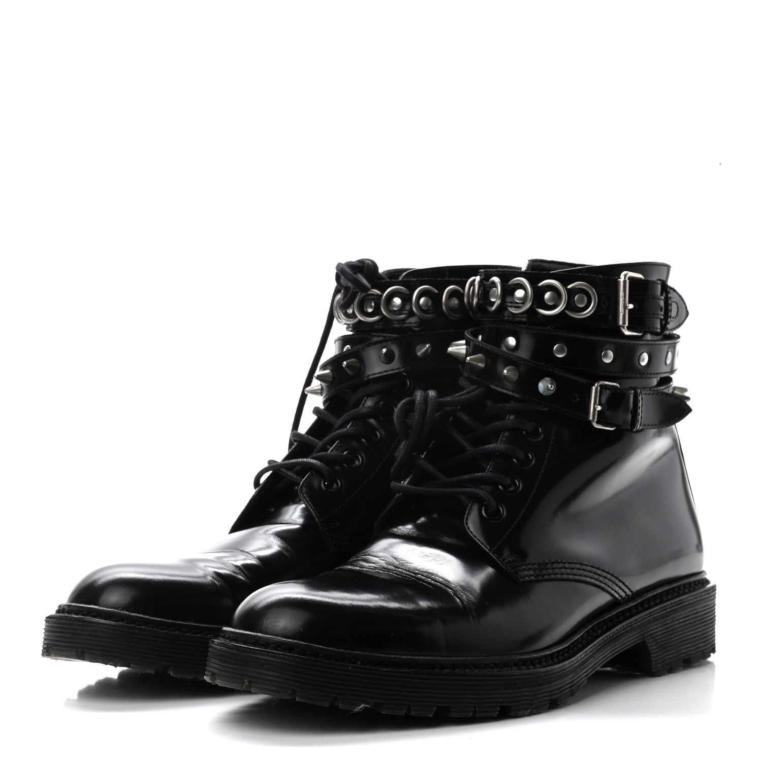 Saint Laurent Smooth Calfskin Studded Womens Lace-Up Combat Boots 38 Black 3 of 9