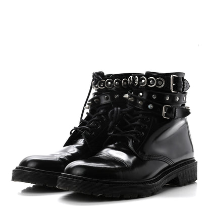 Saint Laurent Smooth Calfskin Studded Womens Lace-Up Combat Boots 38 Black 3 of 9