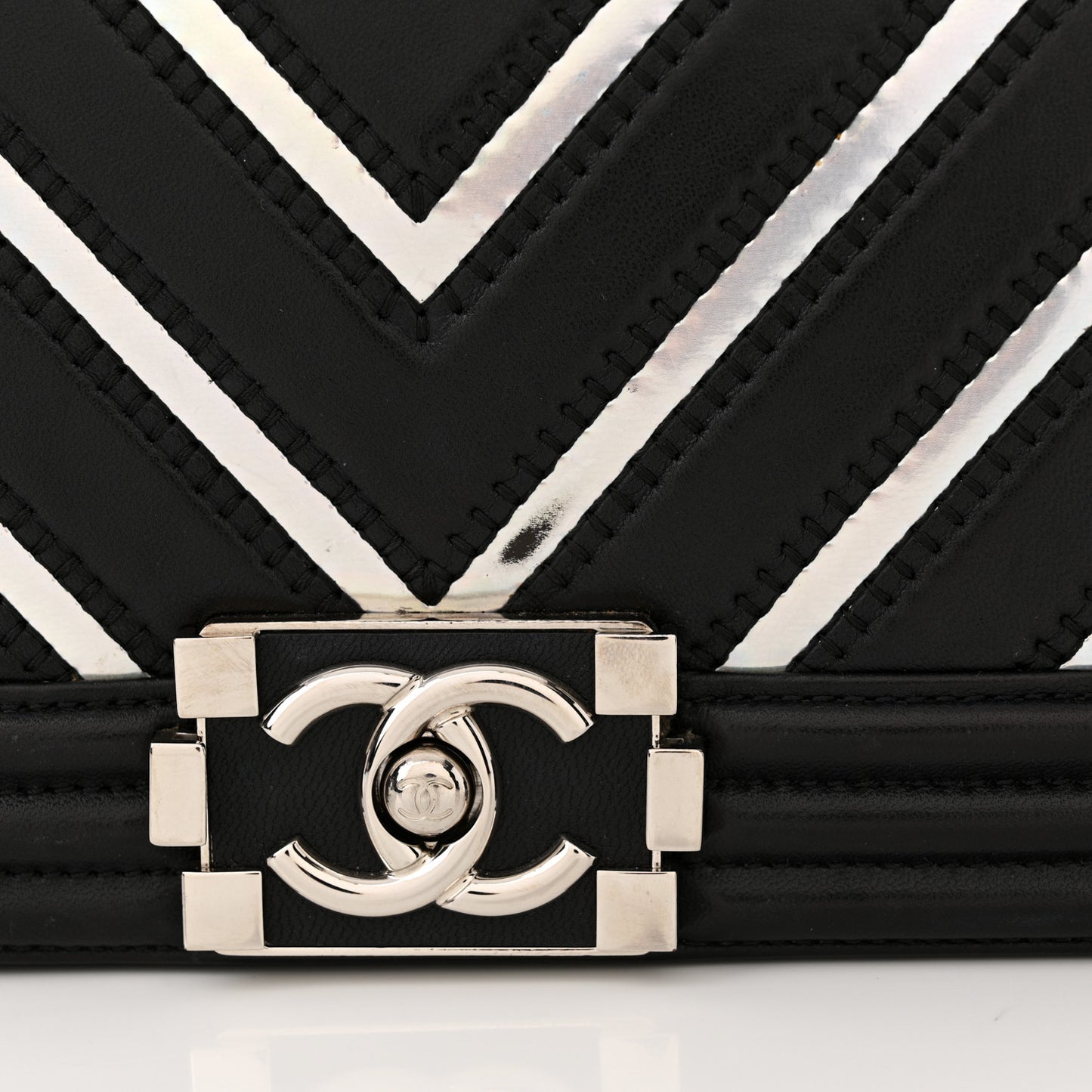 Lambskin Iridescent PVC Chevron Quilted Medium Boy Flap Black Silver