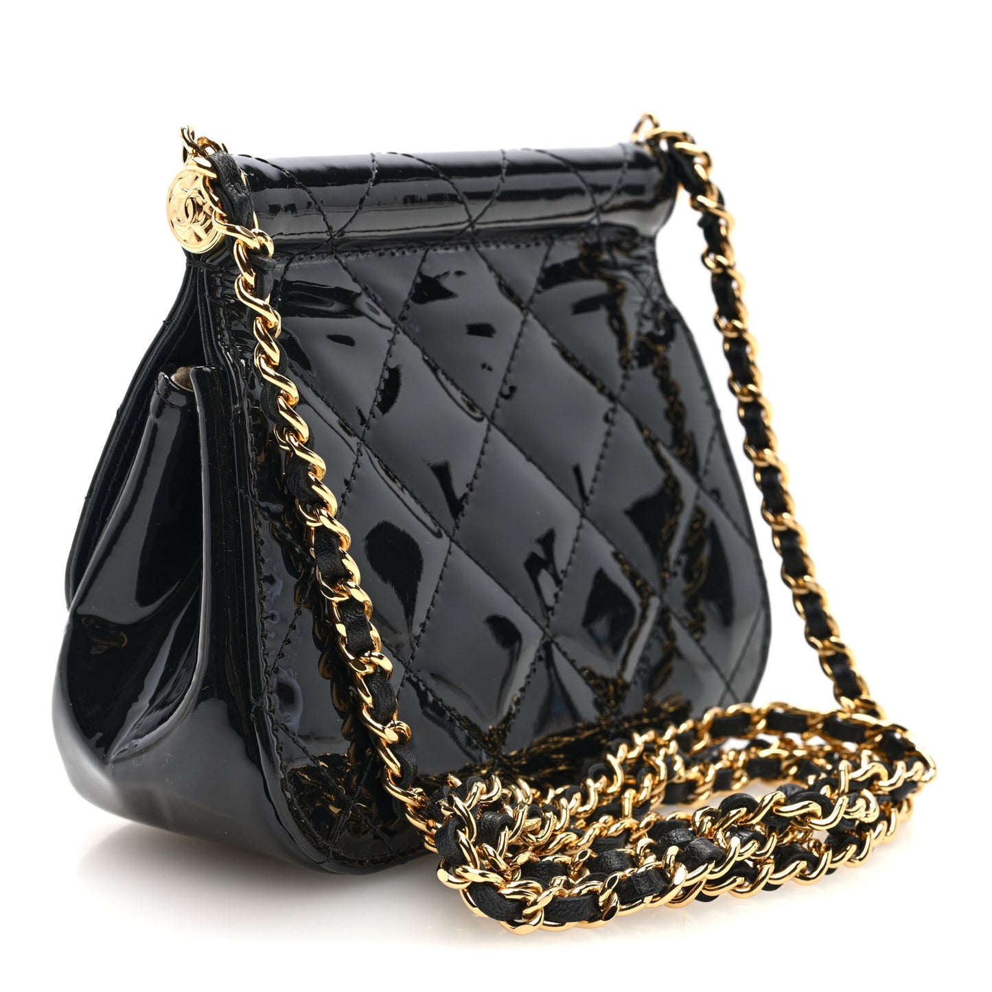 Patent Quilted Frame Clutch Flap With Chain Black