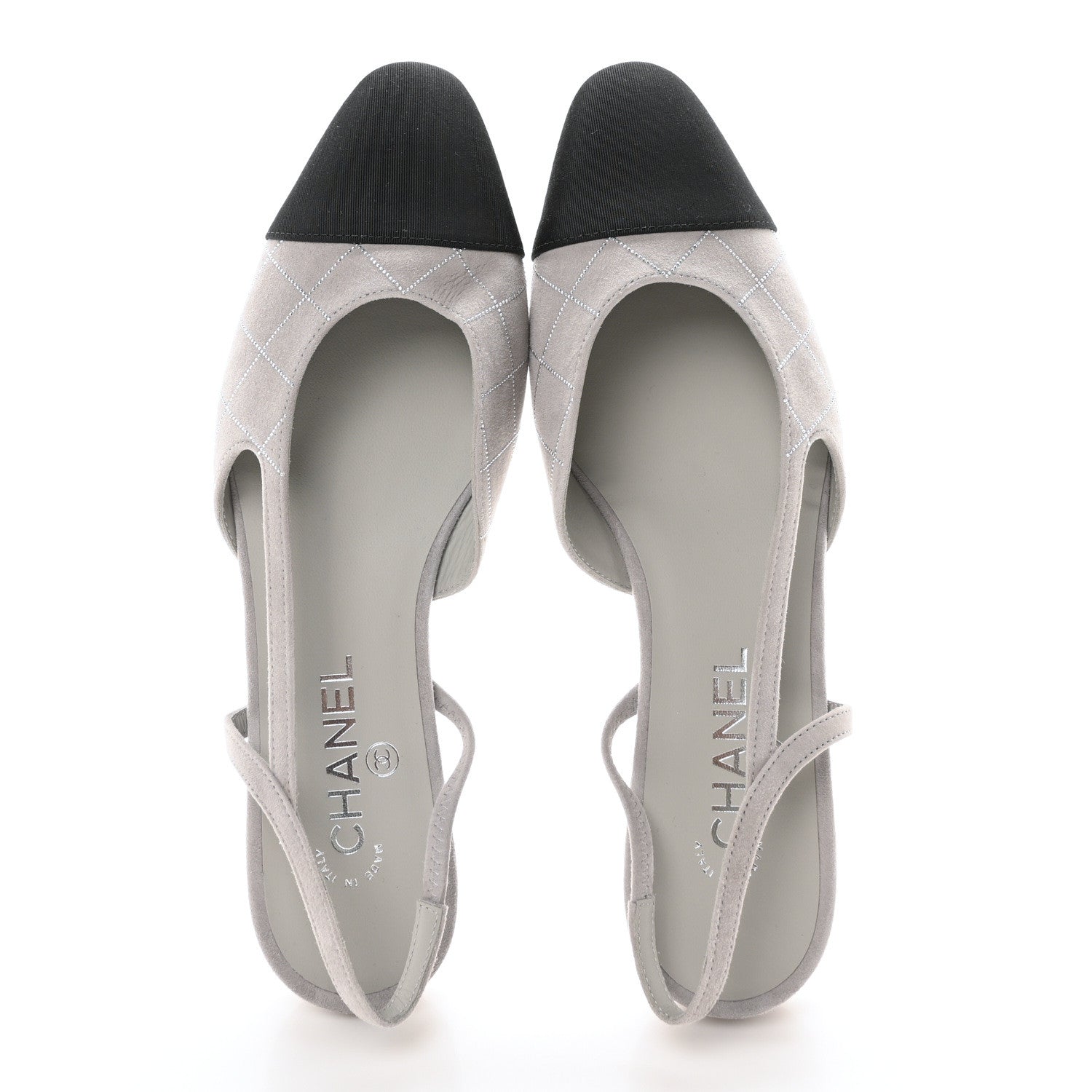 Chanel Suede Crystal Grosgrain Cap Toe CC Slingback Flats 40 Gray