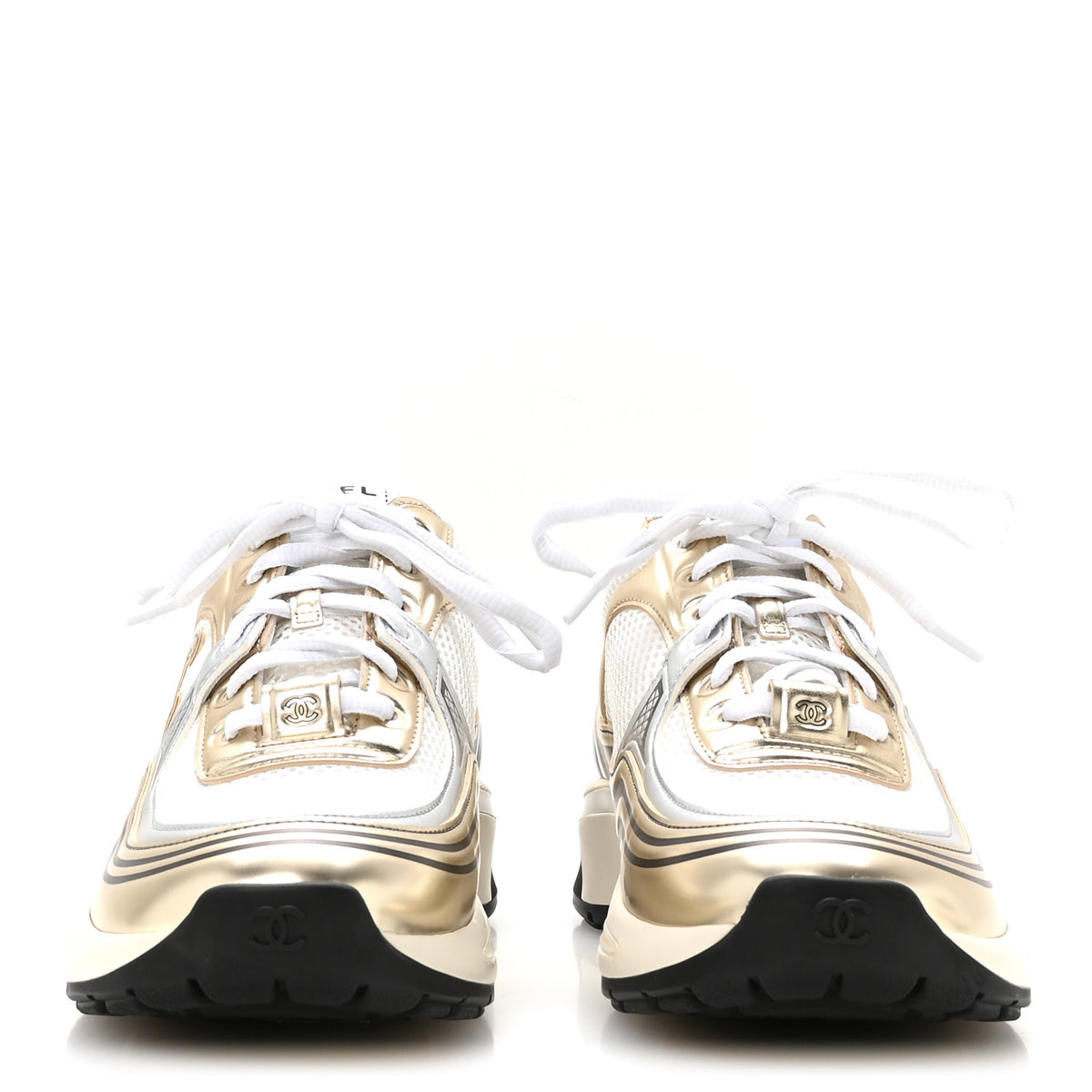 Fabric Laminated Calfskin Stretch CC Sneakers 38 White Gold Silver