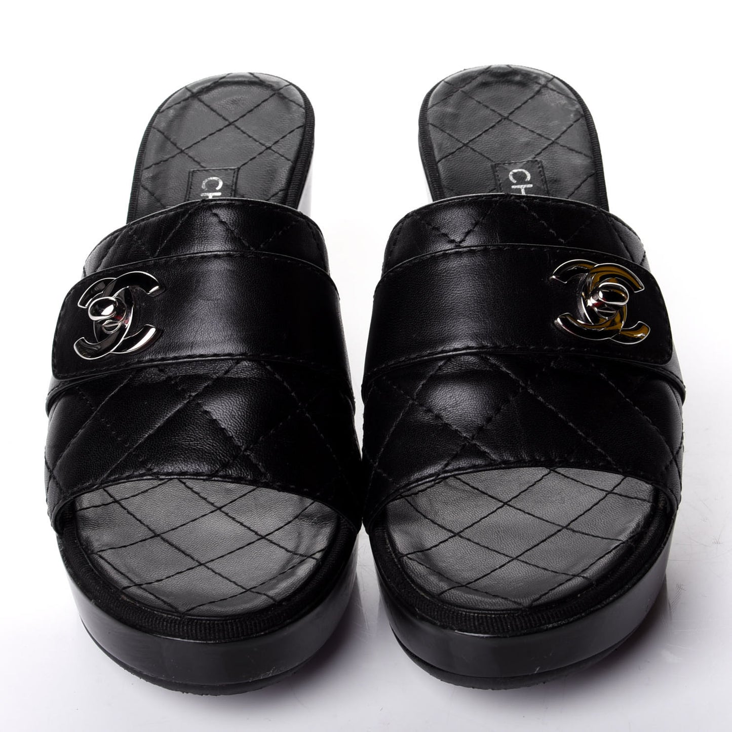 Lambskin Quilted Turn Lock CC Platform Mule 38 Black