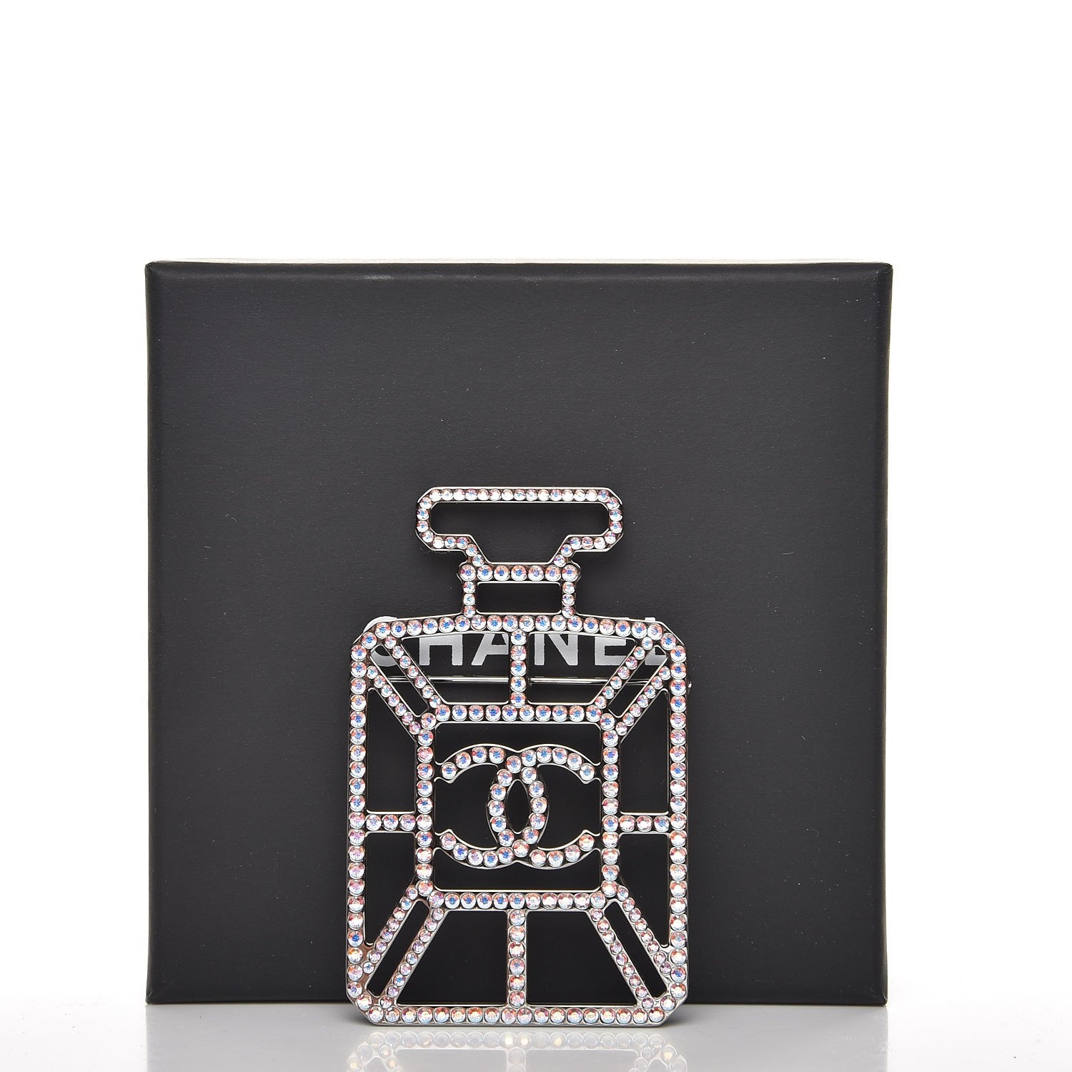 Chanel Crystal Perfume Bottle CC Brooch Ruthenium Iridescent Blue 5 of 5