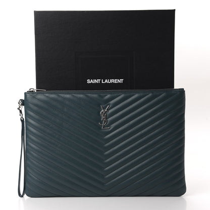 Saint Laurent Calfskin Matelasse Chevron Monogram Document Holder Dark Green 9 of 9