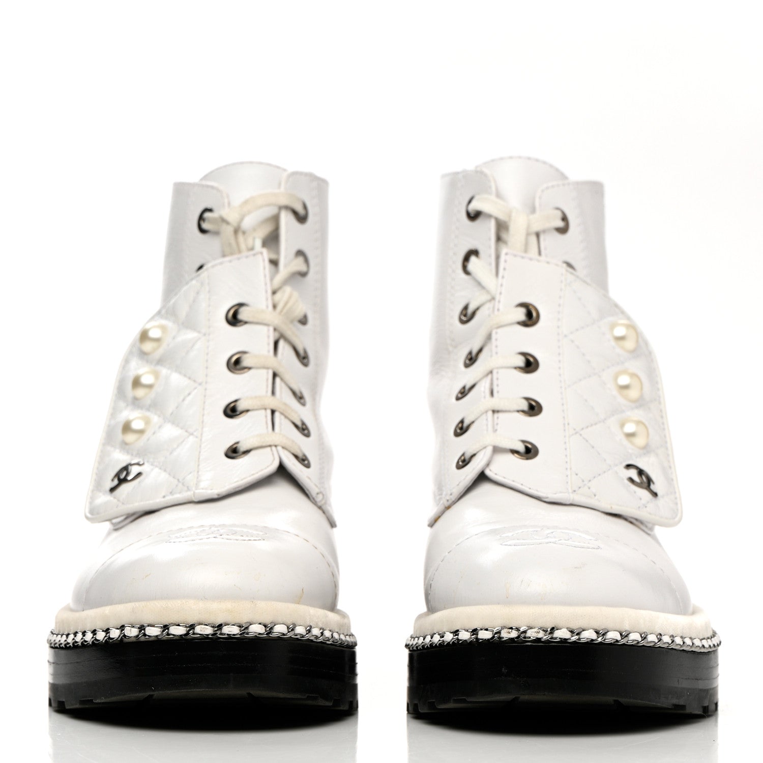 Chanel Crackled Calfskin Pearl Chain CC Combat Short Boots 37 White 2 of 13
