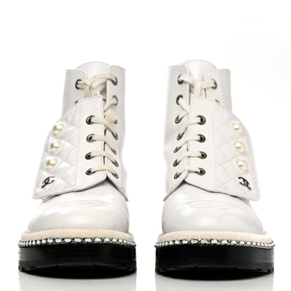 Chanel Crackled Calfskin Pearl Chain CC Combat Short Boots 37 White 2 of 13