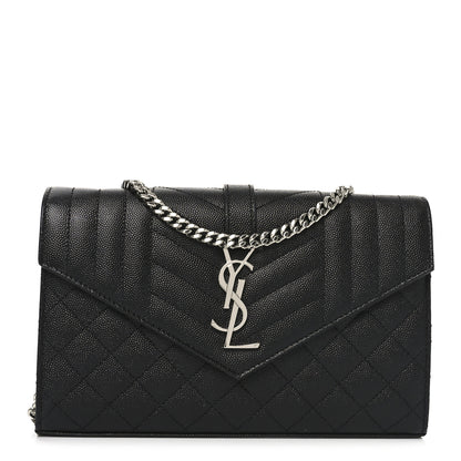 Saint Laurent Grain De Poudre Mixed Matelasse Triquilt Monogram Chain Wallet Black 1 of 10