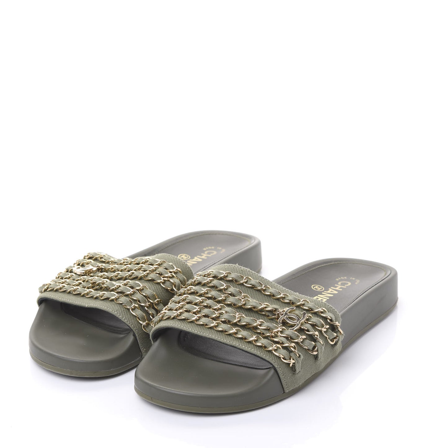 Canvas Chain Flat Sandals 39 Khaki