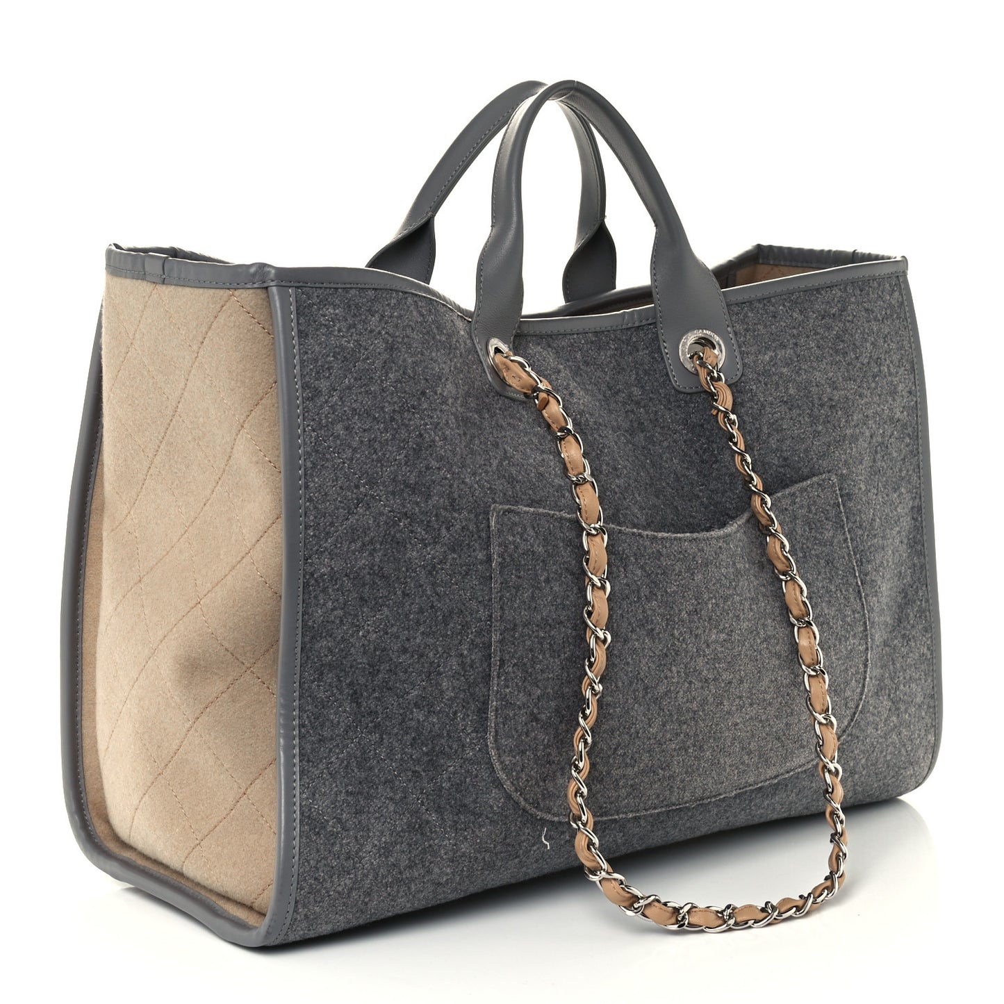 Wool Felt Calfskin Large Deauville Tote Grey Beige