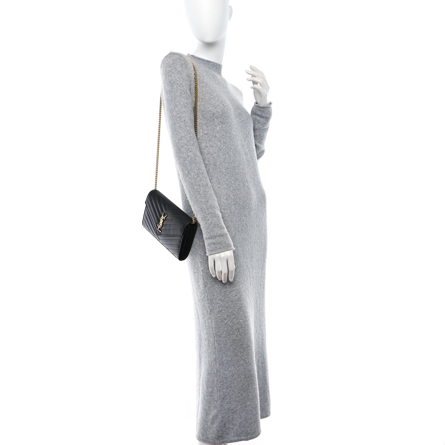 Saint Laurent Grain De Poudre Matelasse Chevron Monogram Chain Wallet Black 2 of 9