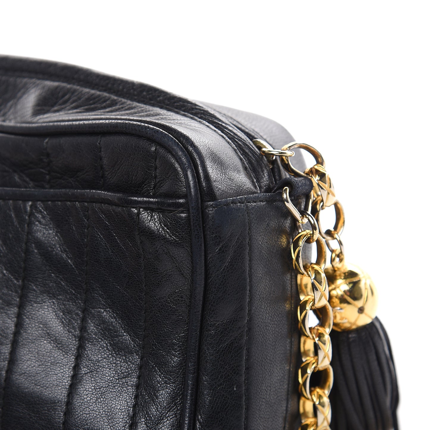 Lambskin Vertical Quilted Tassel Camera Case Black