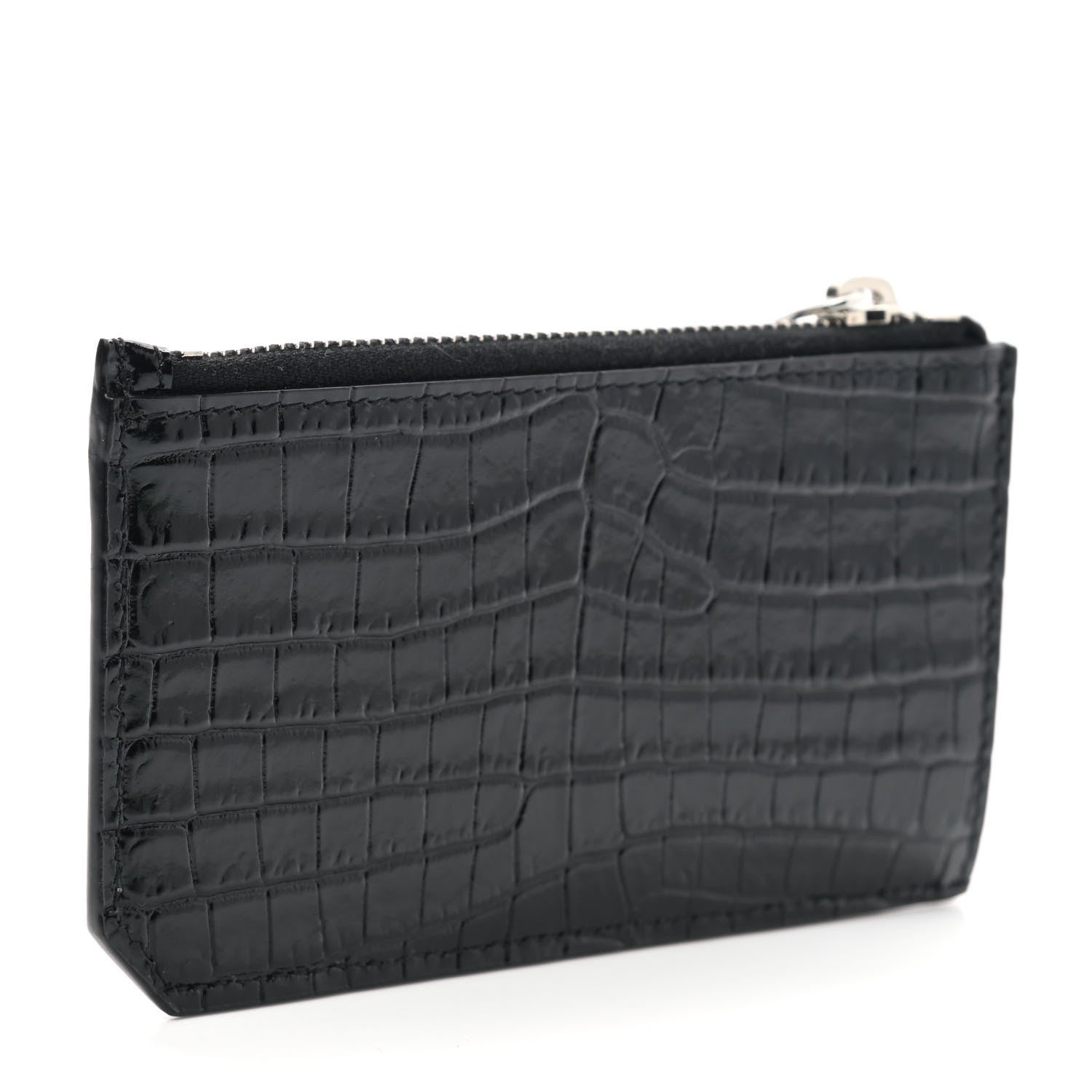 Saint Laurent Calfskin Crocodile Embossed 5 Fragments Zip Pouch Card Holder Black 3 of 7