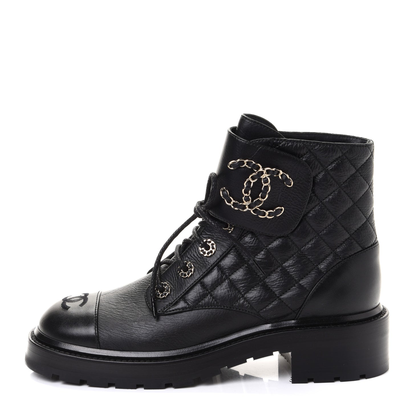 Shiny Goatskin Calfskin Quilted Lace Up Combat Boots 39 Black
