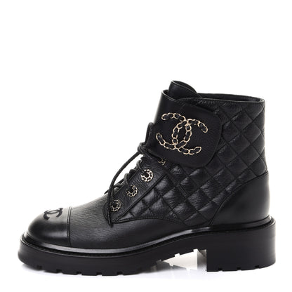 Chanel Shiny Goatskin Calfskin Quilted Lace Up Combat Boots 39 Black 1 of 10