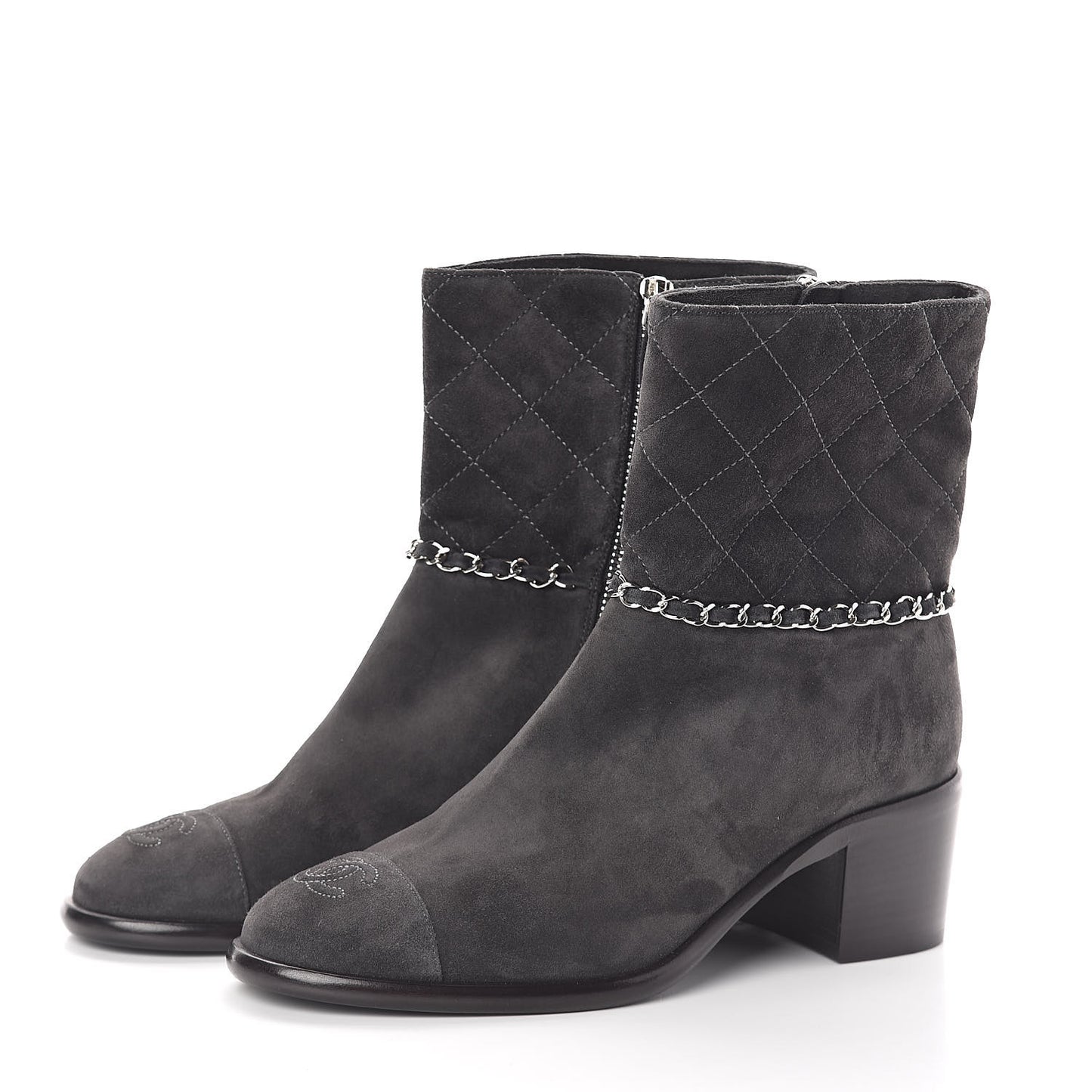Suede Calfskin Chain CC Cap Toe Short Boots 37.5 Dark Grey