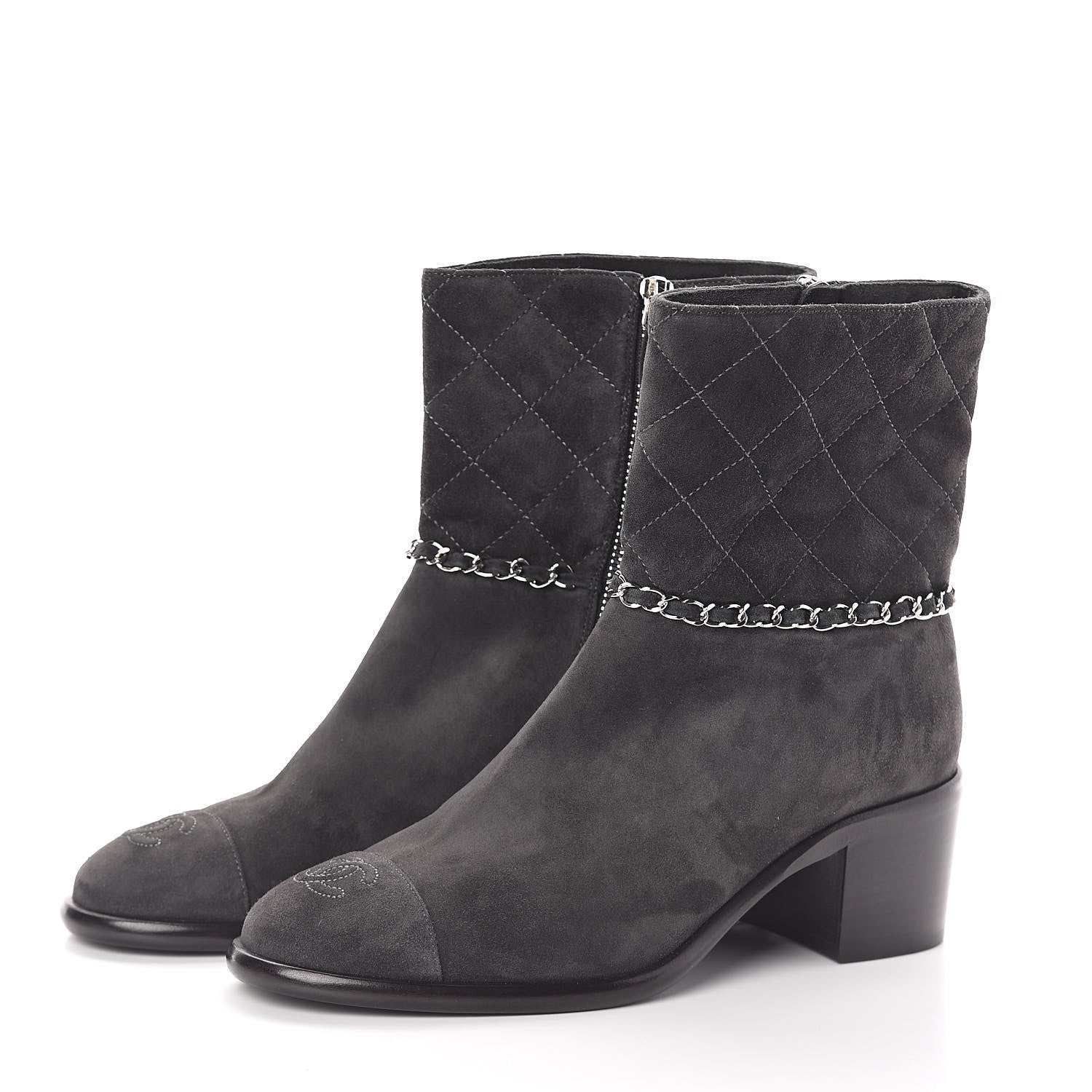 Chanel Suede Calfskin Chain CC Cap Toe Short Boots 37.5 Dark Grey 3 of 7