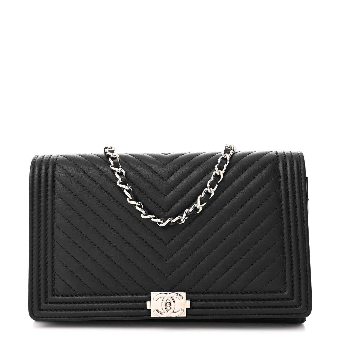 Calfskin Chevron Quilted Boy Wallet On Removable Chain WOC Black